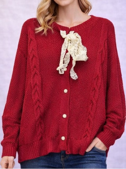 Women's Red Plus Size Cottagecore Cardigan With Lace Bow - Size 3x